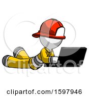 Poster, Art Print Of White Firefighter Fireman Man Using Laptop Computer While Lying On Floor Side Angled View