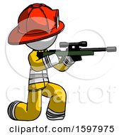 Poster, Art Print Of White Firefighter Fireman Man Kneeling Shooting Sniper Rifle