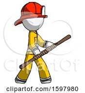 Poster, Art Print Of White Firefighter Fireman Man Holding Bo Staff In Sideways Defense Pose