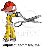 Poster, Art Print Of White Firefighter Fireman Man Holding Giant Scissors Cutting Out Something