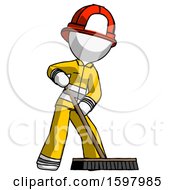Poster, Art Print Of White Firefighter Fireman Man Cleaning Services Janitor Sweeping Floor With Push Broom
