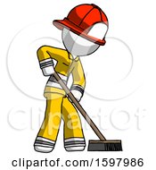 Poster, Art Print Of White Firefighter Fireman Man Cleaning Services Janitor Sweeping Side View
