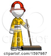 White Firefighter Fireman Man Standing With Industrial Broom
