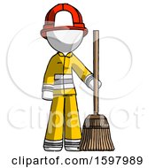 Poster, Art Print Of White Firefighter Fireman Man Standing With Broom Cleaning Services