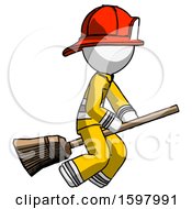 White Firefighter Fireman Man Flying On Broom