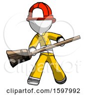 Poster, Art Print Of White Firefighter Fireman Man Broom Fighter Defense Pose