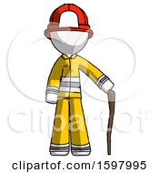 White Firefighter Fireman Man Standing With Hiking Stick
