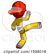 Poster, Art Print Of Red Firefighter Fireman Man Kick Pose