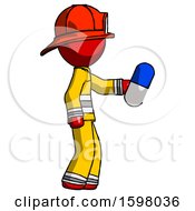 Poster, Art Print Of Red Firefighter Fireman Man Holding Blue Pill Walking To Right