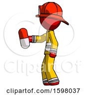 Red Firefighter Fireman Man Holding Red Pill Walking To Left