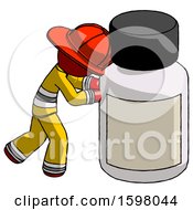 Red Firefighter Fireman Man Pushing Large Medicine Bottle
