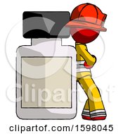 Red Firefighter Fireman Man Leaning Against Large Medicine Bottle