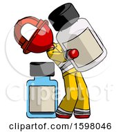 Red Firefighter Fireman Man Holding Large White Medicine Bottle With Bottle In Background