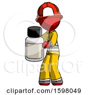 Poster, Art Print Of Red Firefighter Fireman Man Holding White Medicine Bottle