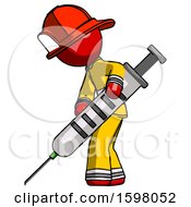 Poster, Art Print Of Red Firefighter Fireman Man Using Syringe Giving Injection