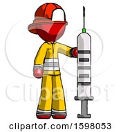 Red Firefighter Fireman Man Holding Large Syringe