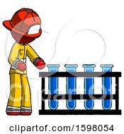 Poster, Art Print Of Red Firefighter Fireman Man Using Test Tubes Or Vials On Rack