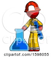 Poster, Art Print Of Red Firefighter Fireman Man Holding Test Tube Beside Beaker Or Flask