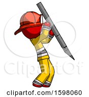 Poster, Art Print Of Red Firefighter Fireman Man Stabbing Or Cutting With Scalpel