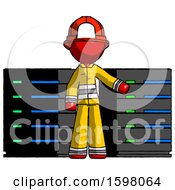 Poster, Art Print Of Red Firefighter Fireman Man With Server Racks In Front Of Two Networked Systems