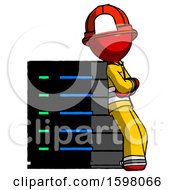 Poster, Art Print Of Red Firefighter Fireman Man Resting Against Server Rack Viewed At Angle