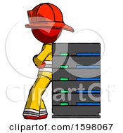 Poster, Art Print Of Red Firefighter Fireman Man Resting Against Server Rack