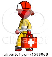 Poster, Art Print Of Red Firefighter Fireman Man Walking With Medical Aid Briefcase To Left
