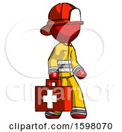 Red Firefighter Fireman Man Walking With Medical Aid Briefcase To Right
