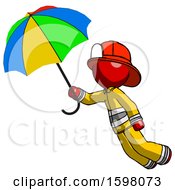 Poster, Art Print Of Red Firefighter Fireman Man Flying With Rainbow Colored Umbrella