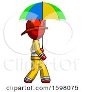 Red Firefighter Fireman Man Walking With Colored Umbrella