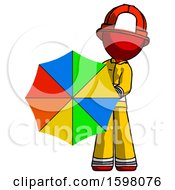 Poster, Art Print Of Red Firefighter Fireman Man Holding Rainbow Umbrella Out To Viewer