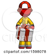 Poster, Art Print Of Red Firefighter Fireman Man Gifting Present With Large Bow Front View