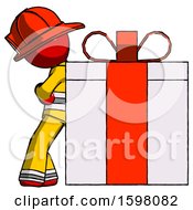 Poster, Art Print Of Red Firefighter Fireman Man Gift Concept - Leaning Against Large Present