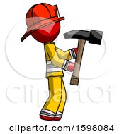 Poster, Art Print Of Red Firefighter Fireman Man Hammering Something On The Right