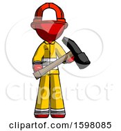 Poster, Art Print Of Red Firefighter Fireman Man Holding Hammer Ready To Work