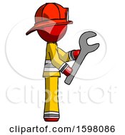 Poster, Art Print Of Red Firefighter Fireman Man Using Wrench Adjusting Something To Right