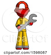 Red Firefighter Fireman Man Holding Large Wrench With Both Hands