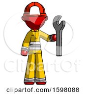 Red Firefighter Fireman Man Holding Wrench Ready To Repair Or Work