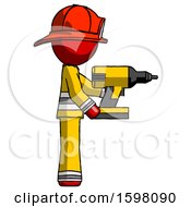 Poster, Art Print Of Red Firefighter Fireman Man Using Drill Drilling Something On Right Side