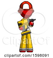 Poster, Art Print Of Red Firefighter Fireman Man Holding Large Drill