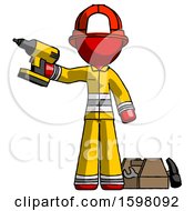 Poster, Art Print Of Red Firefighter Fireman Man Holding Drill Ready To Work Toolchest And Tools To Right