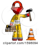 Poster, Art Print Of Red Firefighter Fireman Man Under Construction Concept Traffic Cone And Tools