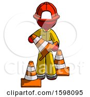 Poster, Art Print Of Red Firefighter Fireman Man Holding A Traffic Cone