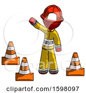 Poster, Art Print Of Red Firefighter Fireman Man Standing By Traffic Cones Waving