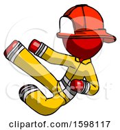 Poster, Art Print Of Red Firefighter Fireman Man Flying Ninja Kick Left
