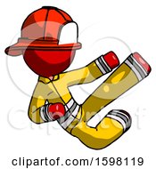 Poster, Art Print Of Red Firefighter Fireman Man Flying Ninja Kick Right