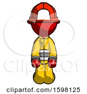 Poster, Art Print Of Red Firefighter Fireman Man Kneeling Front Pose
