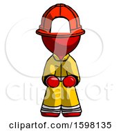 Poster, Art Print Of Red Firefighter Fireman Man Squatting Facing Front