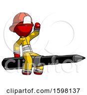 Poster, Art Print Of Red Firefighter Fireman Man Riding A Pen Like A Giant Rocket