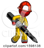 Poster, Art Print Of Red Firefighter Fireman Man Writing With A Really Big Pen